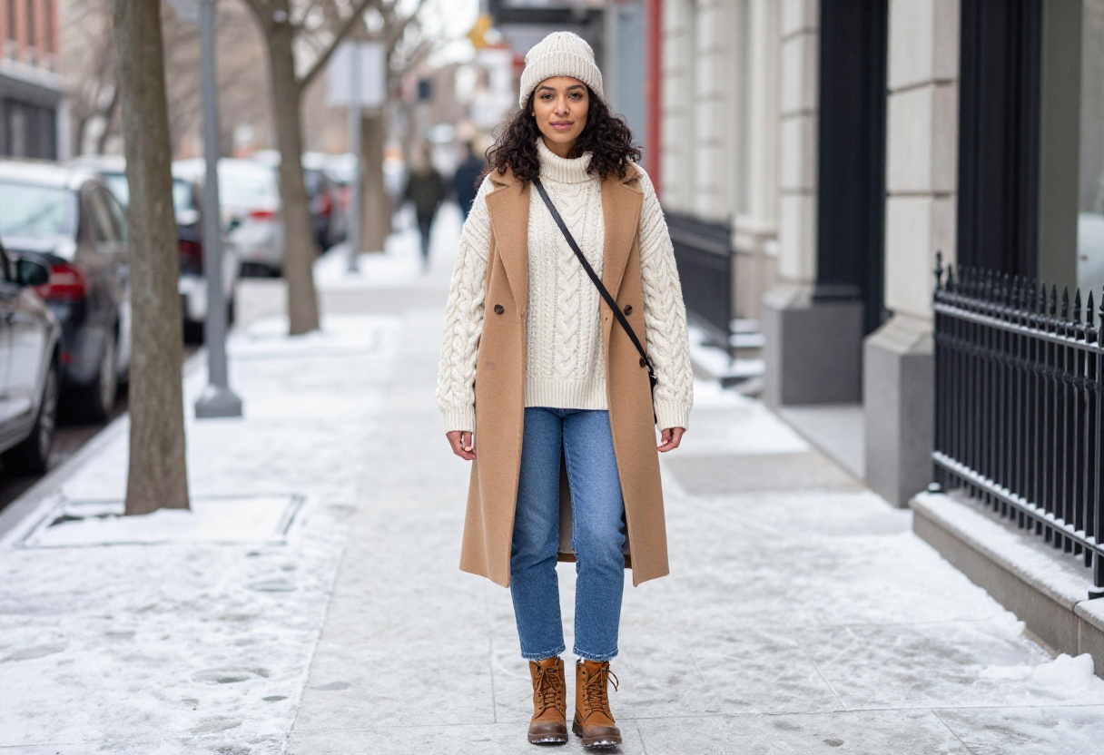 Woman in a cream cable-knit sweater, camel coat, straight-leg jeans, and brown winter boots standing on a snowy sidewalk.