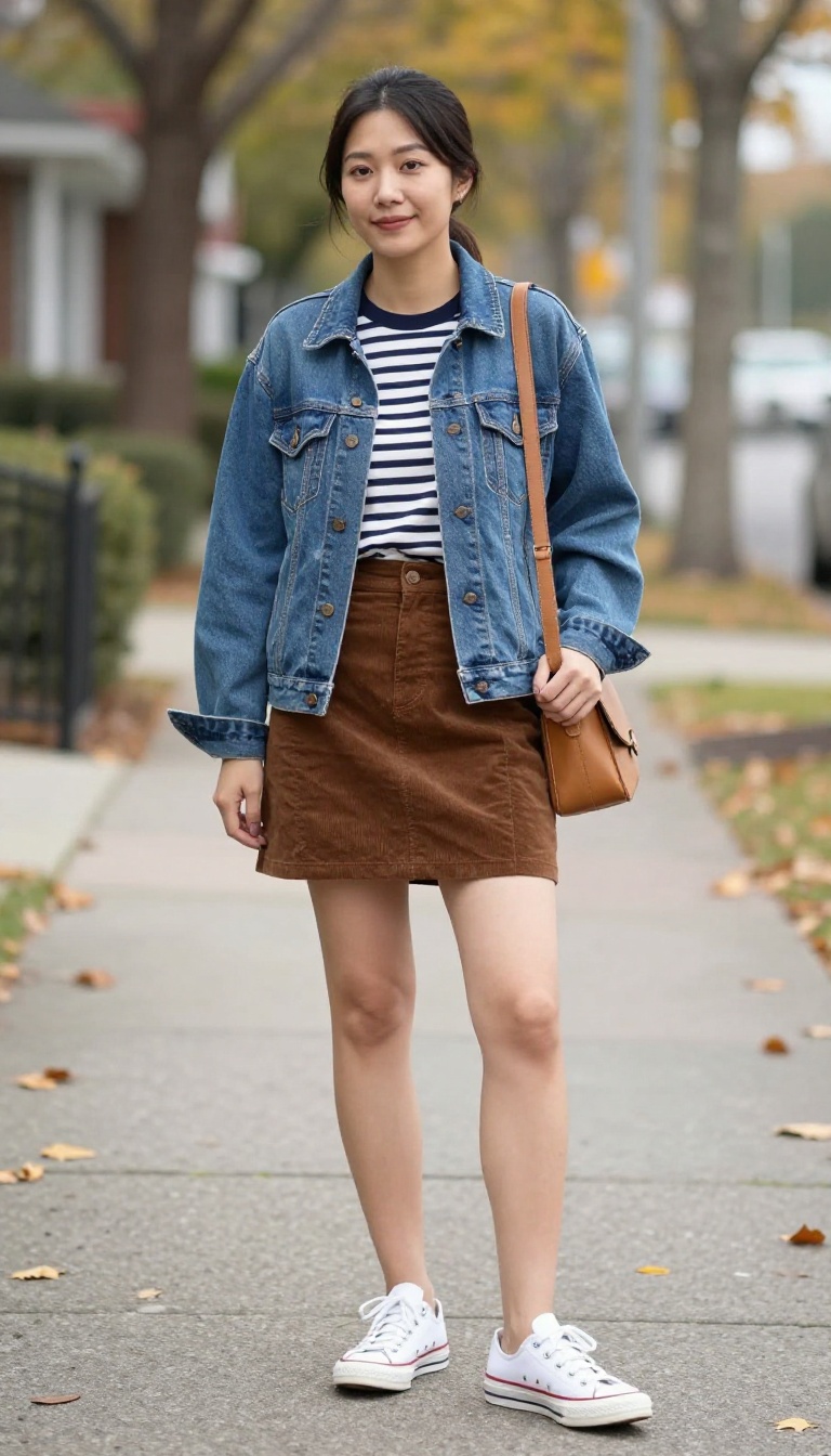 2. Denim Jacket Over a Striped Tee and Corduroy Mini Skirt