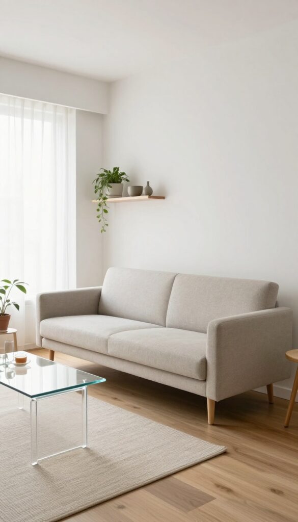 Bright small living room with a slim mid-century sofa on exposed wooden legs, a glass coffee table, and an acrylic chair, showing visible floor underneath to make the space feel bigger