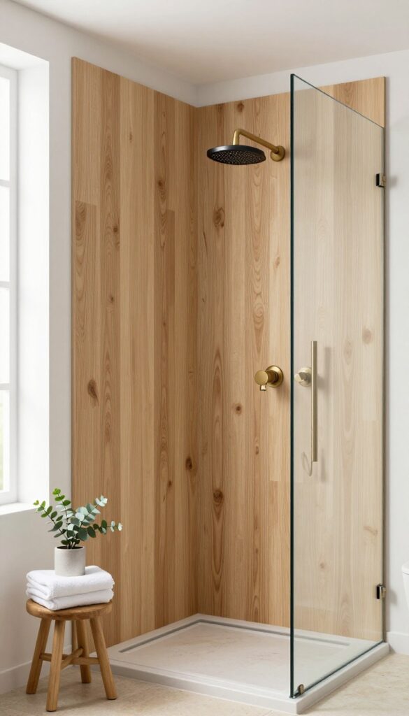 Bright modern bathroom shower with light oak wood-look waterproof wall panels, white walls, stone-look floor, and brushed brass fixtures in natural daylight.