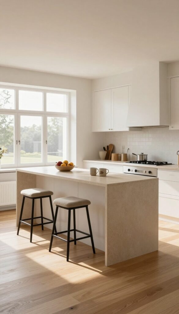 Bright open kitchen with a breakfast bar partition and padded stools separating the kitchen from the living area