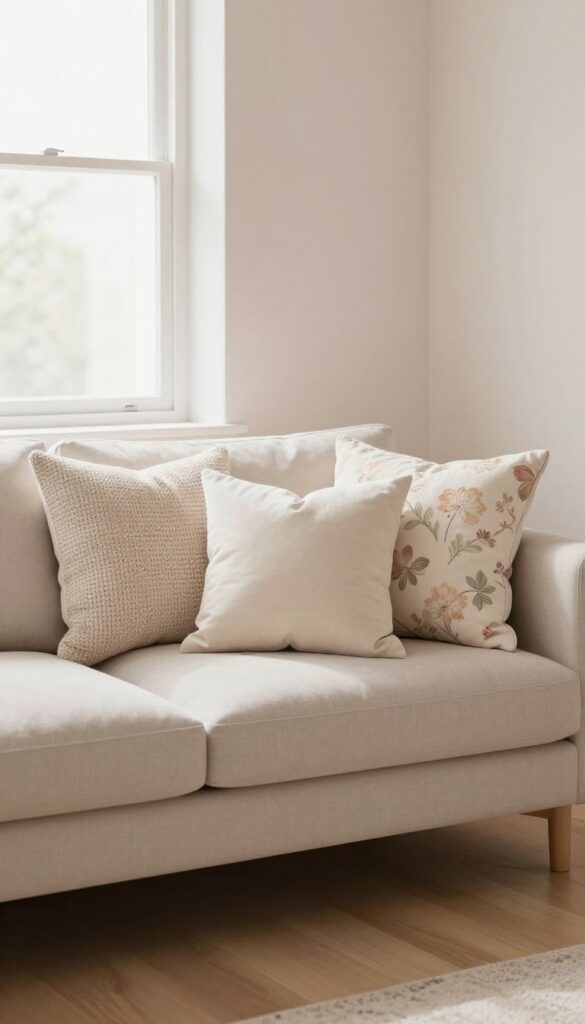 A bright living room sofa styled with layered floral throw pillows and textured fabrics in soft natural light