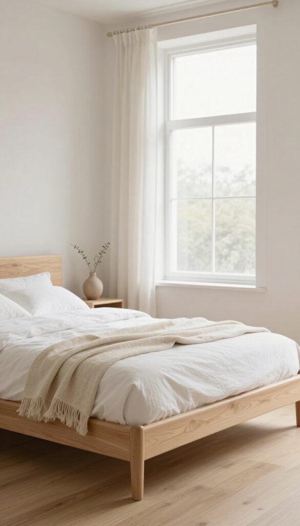 Bright Scandinavian bedroom with a pale birch wood bed frame, white linen bedding, sheer curtains, and soft neutral decor in natural light