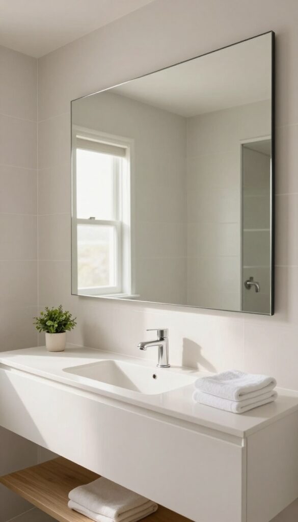 Bright small bathroom with a large frameless rectangular mirror above a white vanity, reflecting light and making the compact space feel more open
