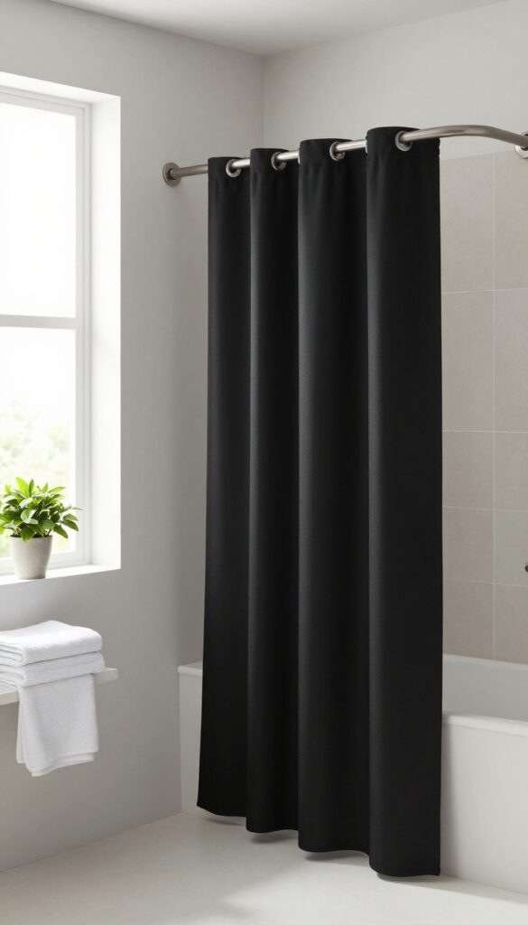 Minimalist bathroom with a matte black shower curtain, neutral white and gray tones, bright natural light, and a small plant with folded towels
