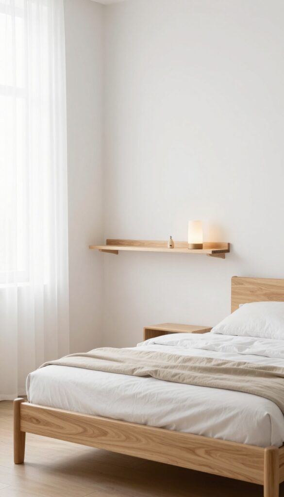Bright modern single bed bedroom with a light wood frame and a minimalist floating wall shelf holding a small lamp, styled with clean neutral bedding and uncluttered floor space.