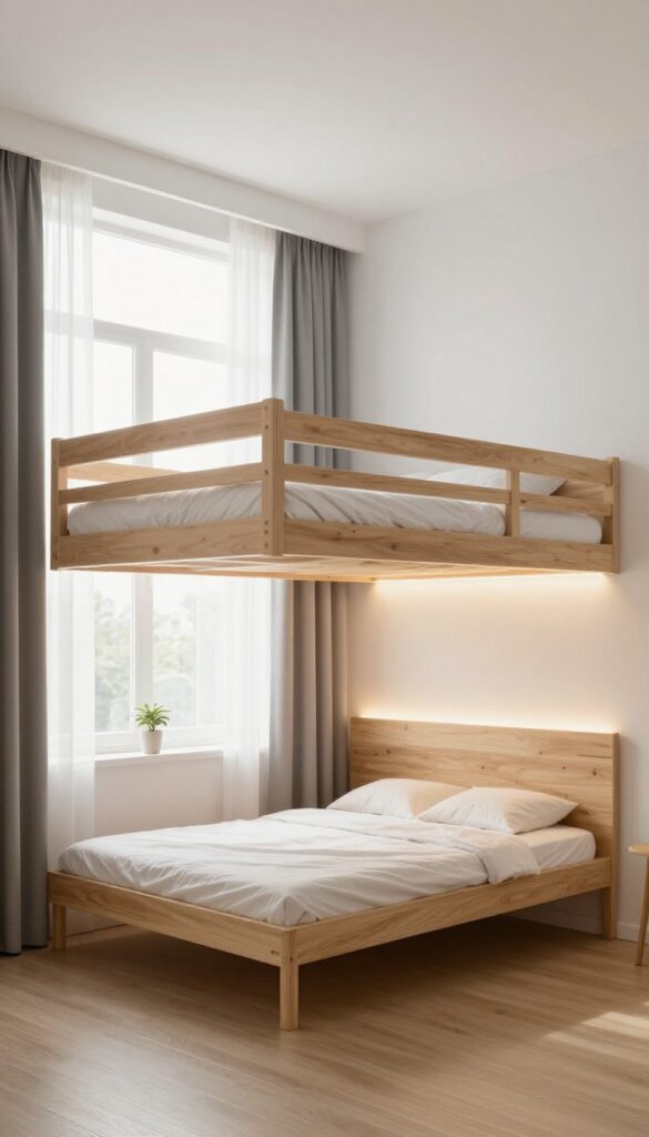Bright small bedroom with a wall-mounted floating platform double deck bed, open floor space beneath, slim guardrails, and soft under-bed LED lighting