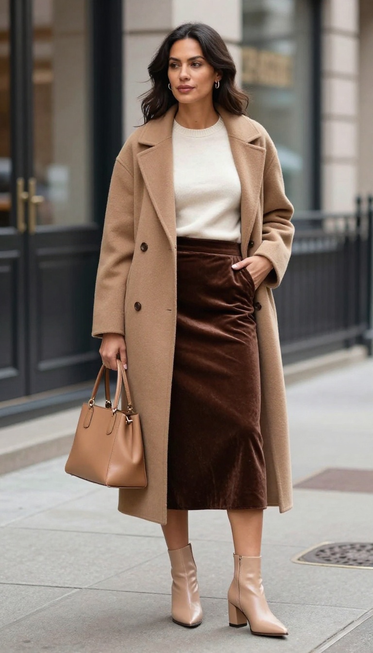 3. Camel Coat Over a Brown Velvet Slip Skirt