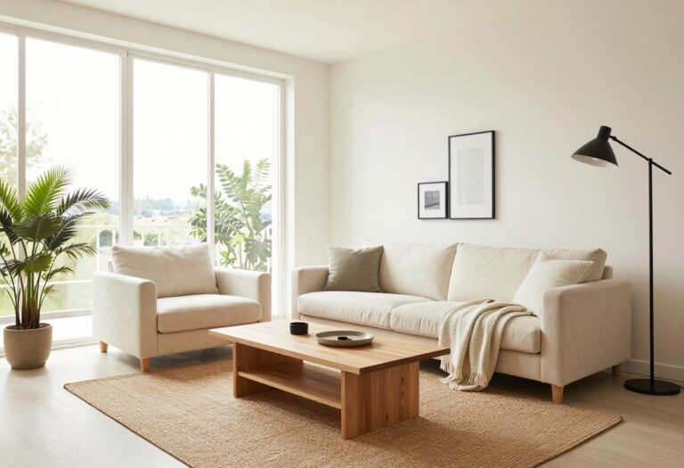 Bright living room with warm white walls, natural wood furniture, and black accents in a clean, Pinterest-friendly interior design scene