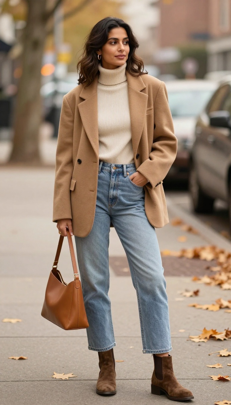 1. Oversized Blazer + Turtleneck + Mom Jeans