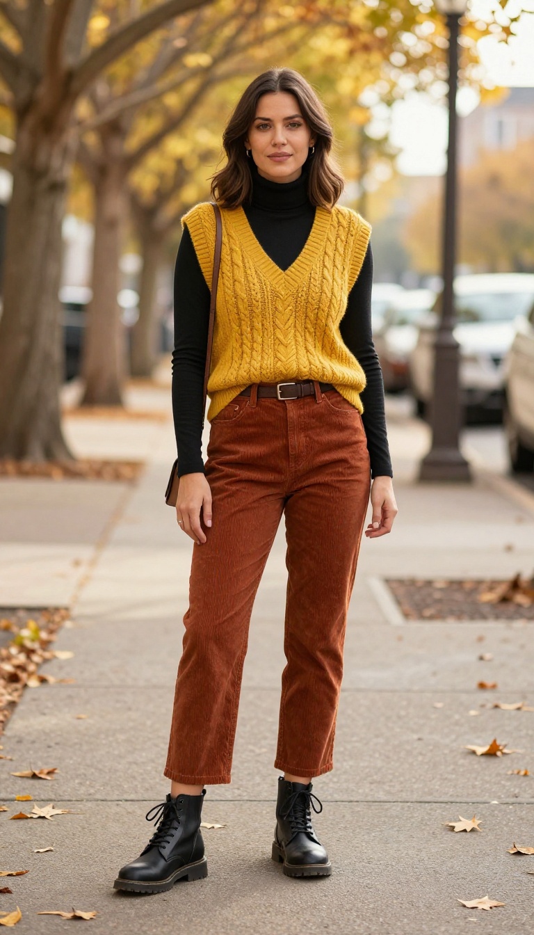 10. Corduroy Pants + Turtleneck + Sweater Vest + Combat Boots