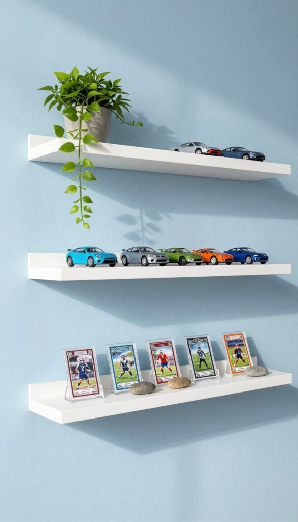 Bright boy's bedroom with white floating shelves displaying a collection of toy cars, rocks, and sports cards with a small plant, styled with open space between items