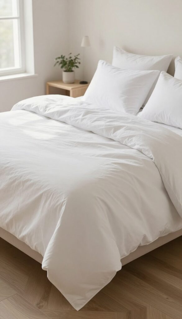 Oversized white comforter draping low over the sides of a neatly made bed with soft pillows in a bright cozy bedroom