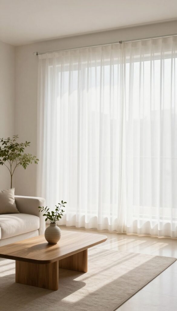 Bright airy living room with floor-length sheer white curtains hung wide on a minimal rod, letting soft sunlight filter through onto a light neutral sofa and pale rug.