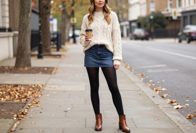 Woman wearing a mini jean skirt with black tights, oversized cream sweater, and brown ankle boots standing on an autumn sidewalk.