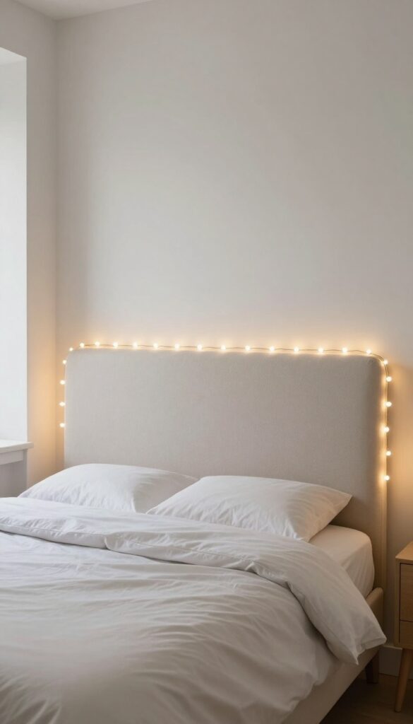 Bedroom headboard outlined with warm white fairy lights creating a soft glowing halo against a plain wall