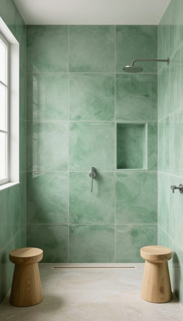 Bright spa-like bathroom shower with large-format sea glass green porcelain tiles, narrow grout lines, a matching recessed niche, pale stone floor, and brushed nickel fixtures in soft natural light.