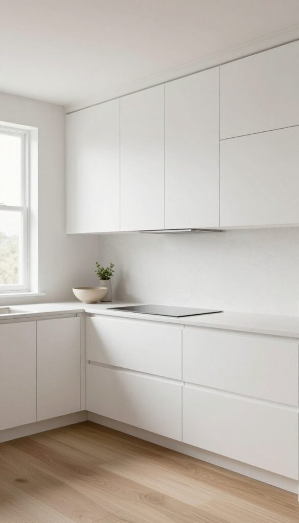 Modern galley kitchen with full-height white cabinets extending seamlessly to the ceiling, clean countertops, and bright natural light, creating an open streamlined look.
