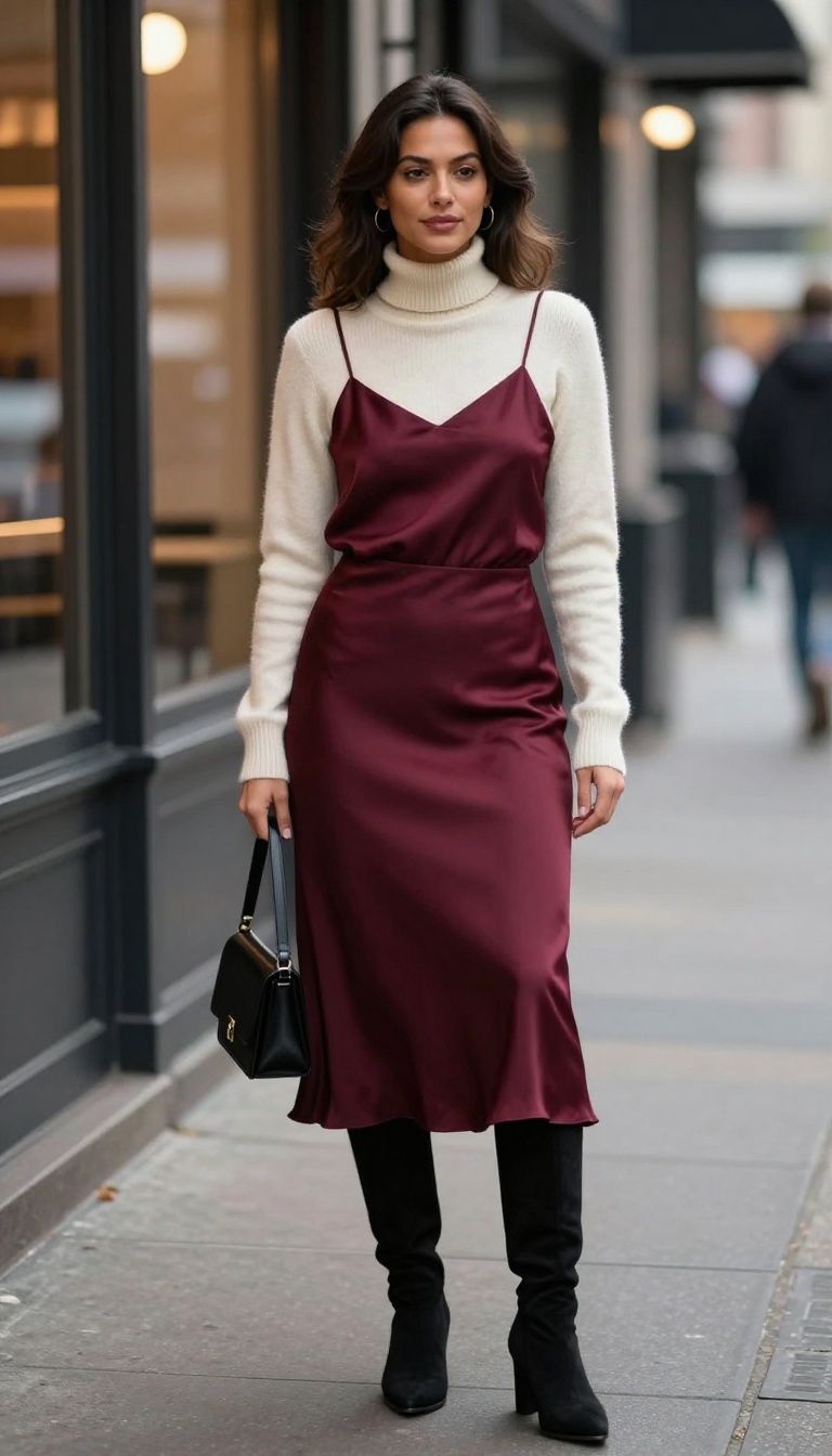 2. Satin Slip Skirt with a Cashmere Turtleneck and Heeled Boots