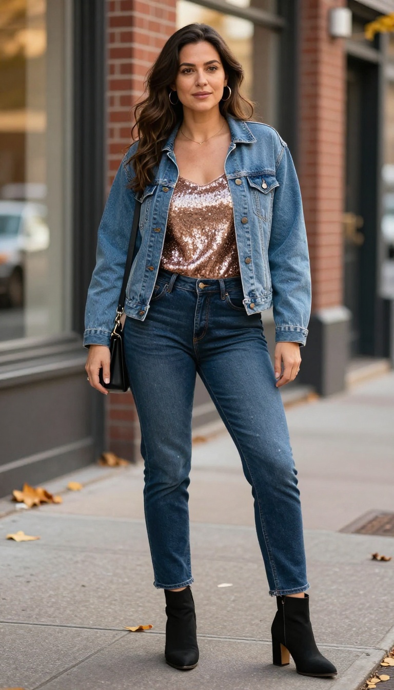 11. Low-Rise Jeans with a Sequin Top and Denim Jacket