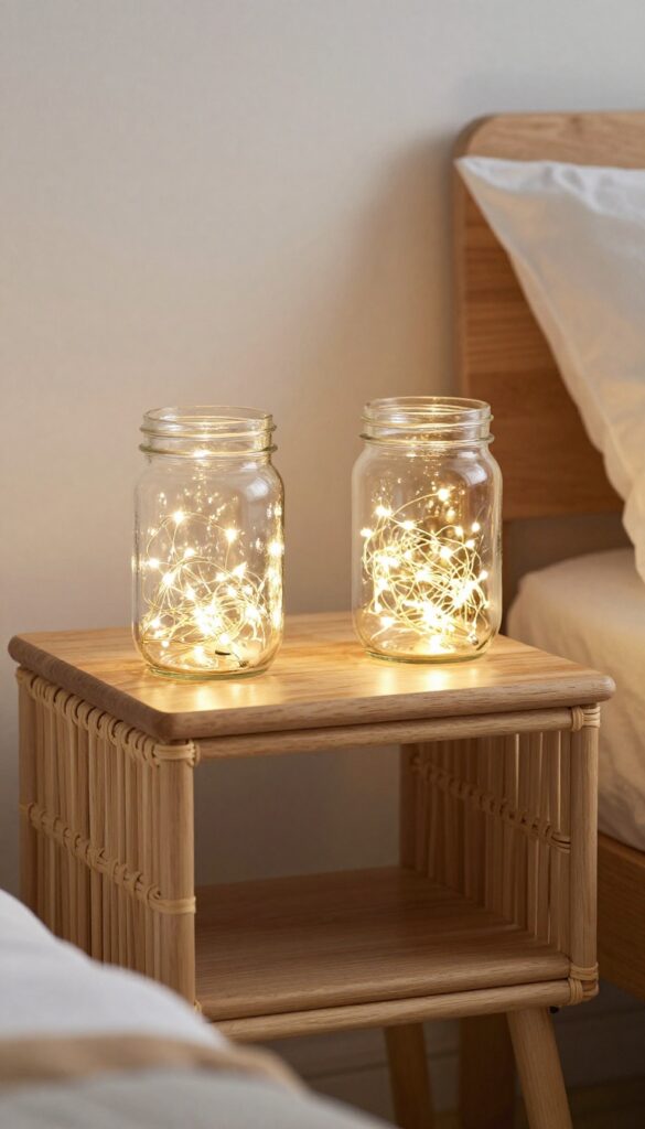 Two clear glass jars filled with warm white fairy lights glowing on a rattan nightstand beside a bed
