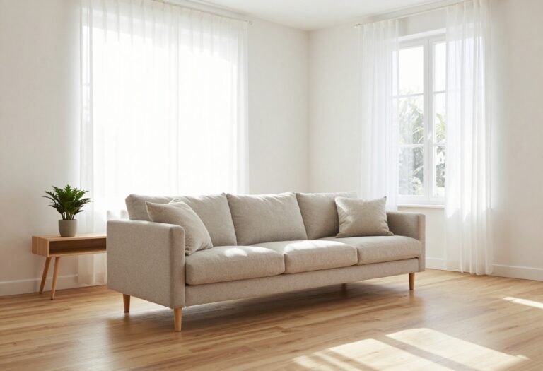 Bright small living room with a floated sofa pulled away from the wall and a slim console table behind it