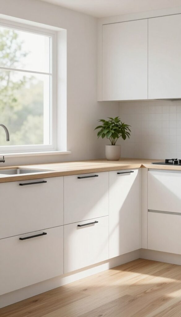 Modern white kitchen cabinets with matte black bar handles in bright natural light