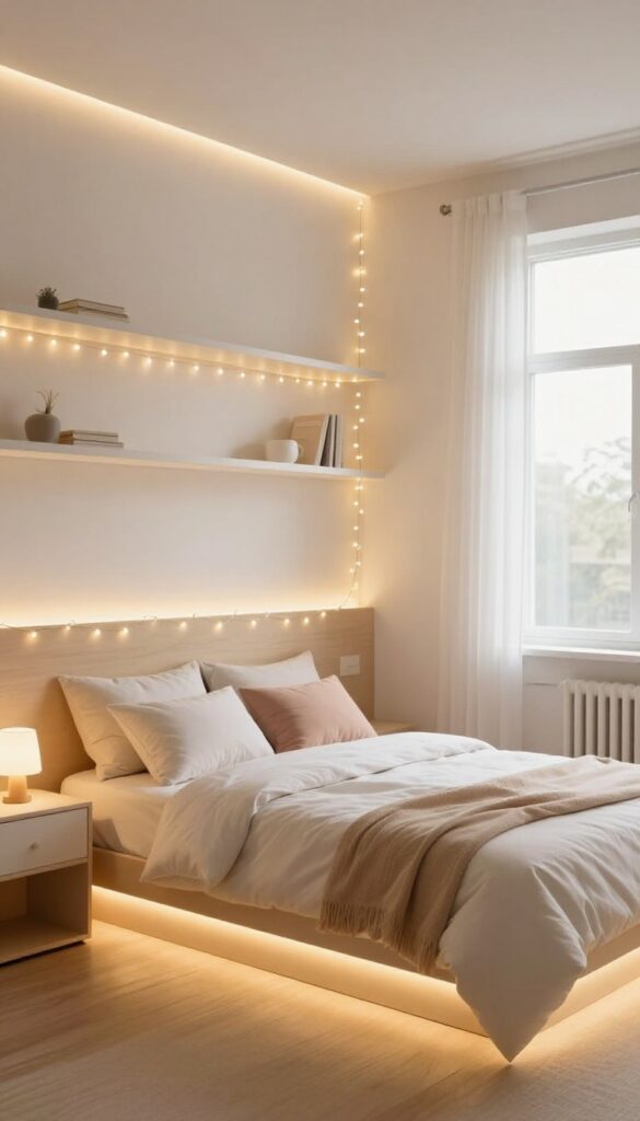 Cozy teen girl's bedroom glowing with warm white string lights along the headboard and soft LED strip lighting under shelves and the bed frame