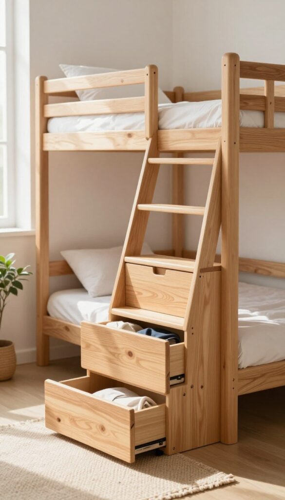 Small bright bedroom with a wooden bunk bed that has built-in storage stairs instead of a ladder, each step acting as a drawer, warm natural light