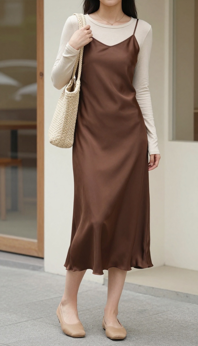 2. Chocolate Brown Slip Dress Over a Cream Long-Sleeve Tee
