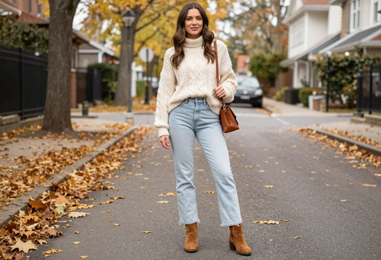 Woman wearing bell bottom jeans and a cream sweater standing on an autumn street