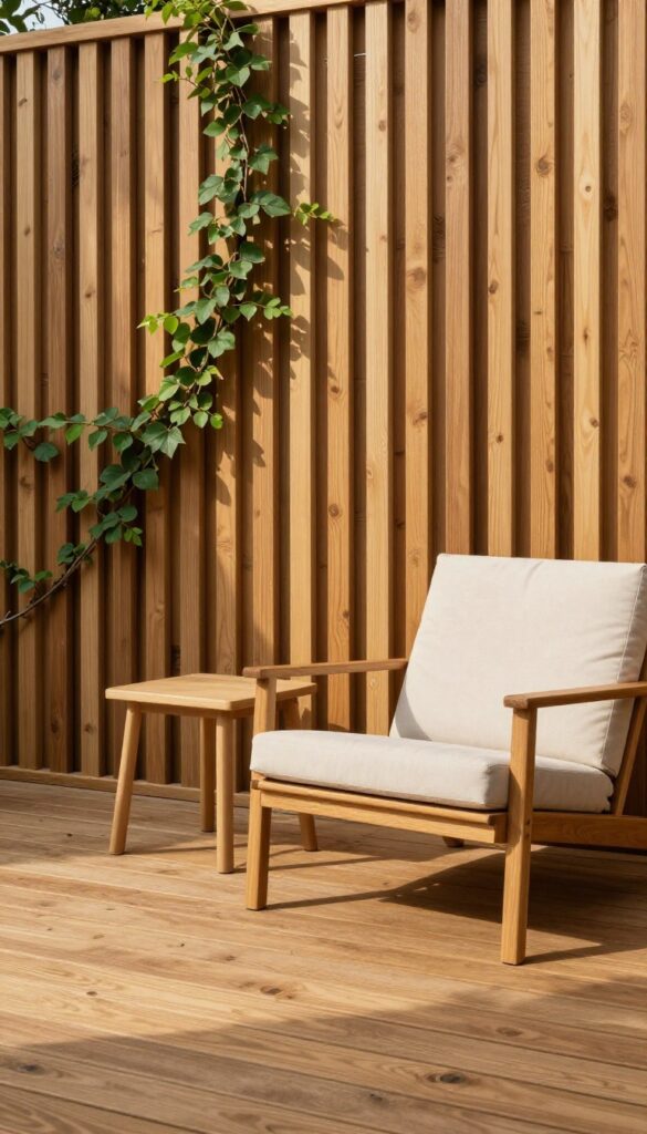 Wooden deck with a vertical slatted privacy screen and climbing plants creating a cozy outdoor retreat