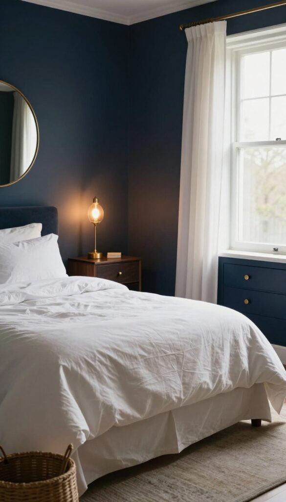 Bright bedroom with dark navy blue walls and warm brushed brass accents, white bedding, glowing brass lamps, and a woven basket in natural light