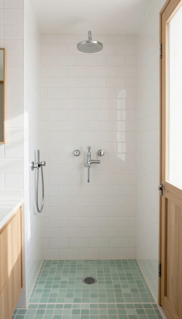 Bright bathroom shower with white subway tile walls and a mint green penny tile floor under natural light