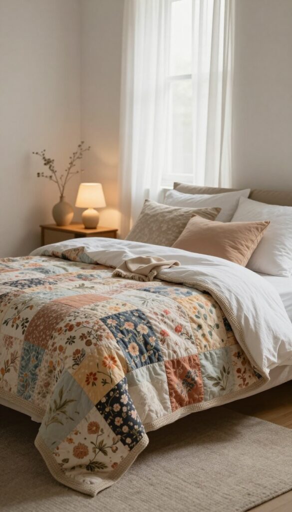 Cozy vintage bedroom with a floral patchwork quilt in soft pastel tones, neutral sheets, and a textured throw in bright natural light