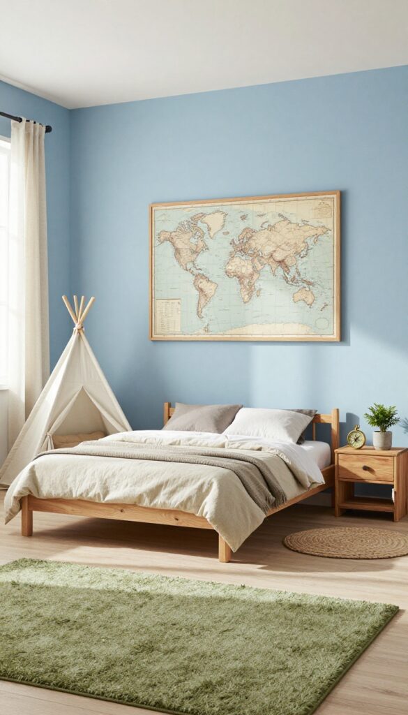 Bright adventure-themed boys bedroom with a wooden bed, framed world map wall art, a small canvas teepee tent, camping lantern, and natural earthy textures in soft daylight.
