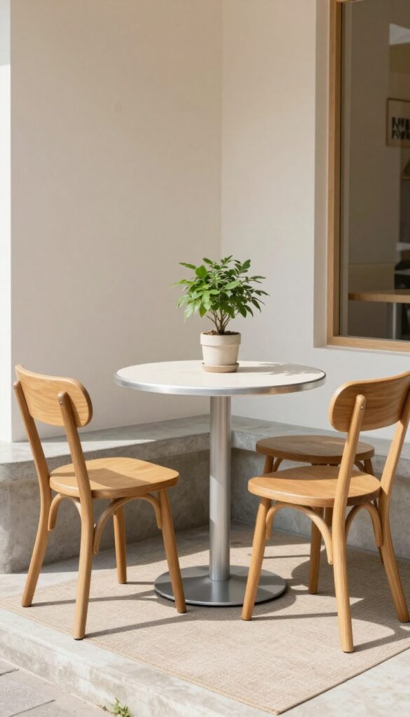 Cozy mini bistro corner with a small round table and two chairs by a front door on a sunny day.