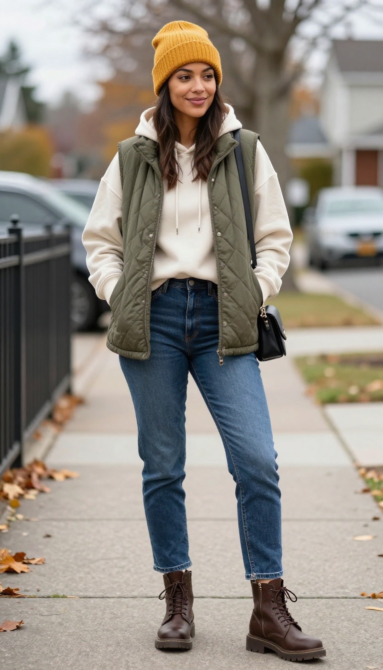 4. Quilted Vest Over a Hoodie and Mom Jeans