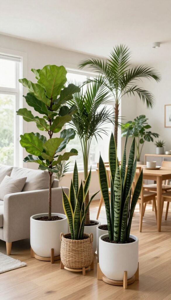 Tall fiddle leaf fig, palm, and snake plant in matching white planters and woven baskets forming a natural living room divider between a sofa and dining area in bright natural light