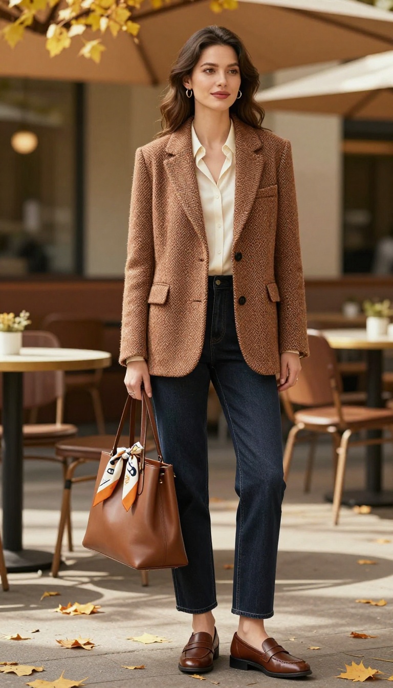 2. Tweed Blazer & Dark Denim: Polished Weekend Wear