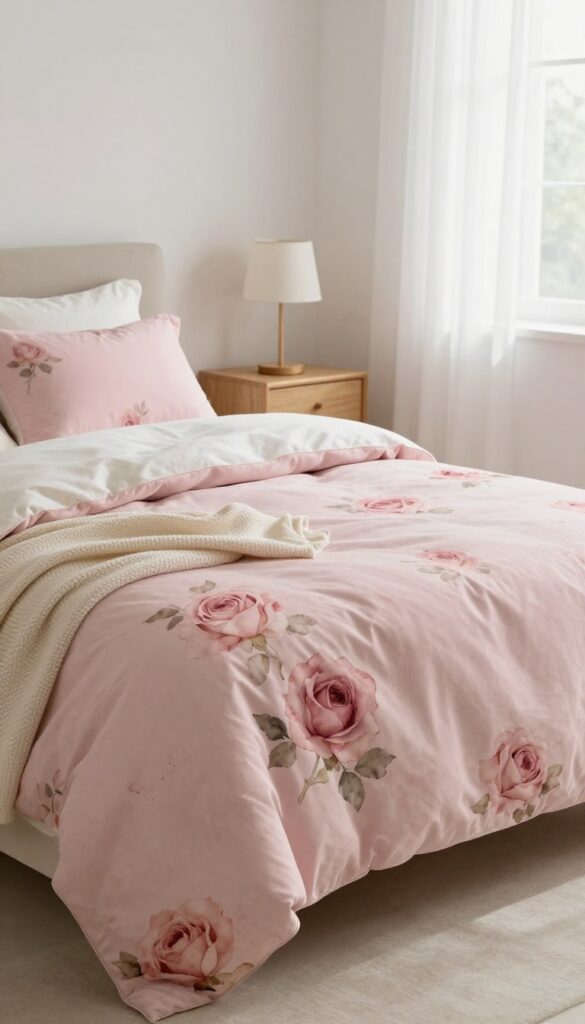Vintage rose print bedding in soft dusty pink and blush tones styled on a bed with ivory sheets and a textured cream throw blanket in a bright, naturally lit bedroom.