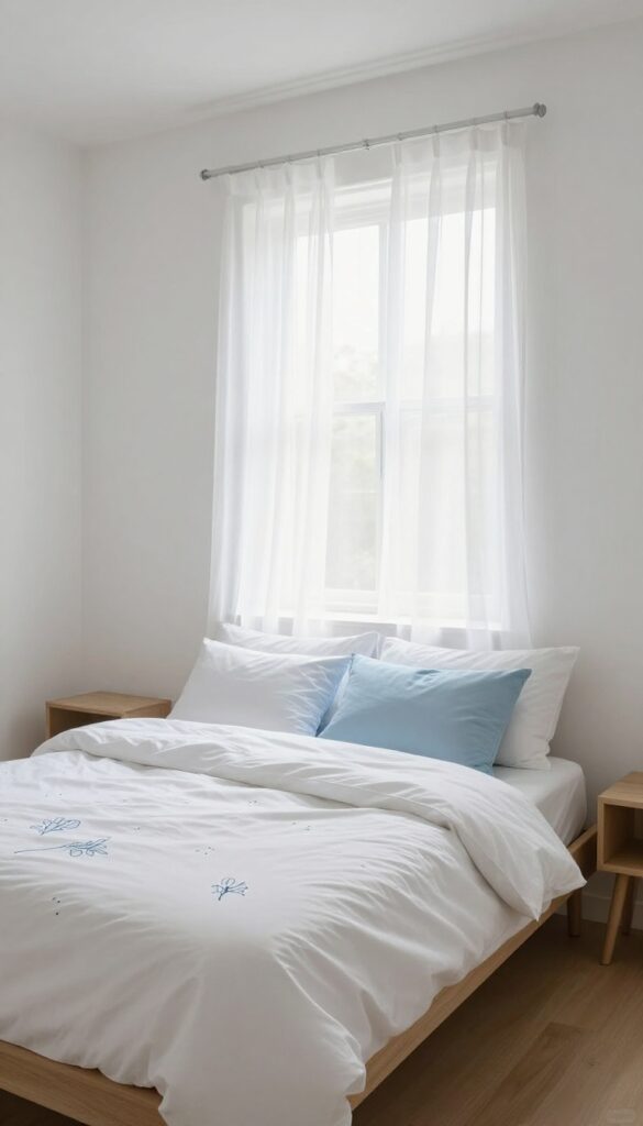 Minimalist bedroom with white bedding decorated with spaced thin blue line-drawn floral patterns, bright natural light and clean modern furniture