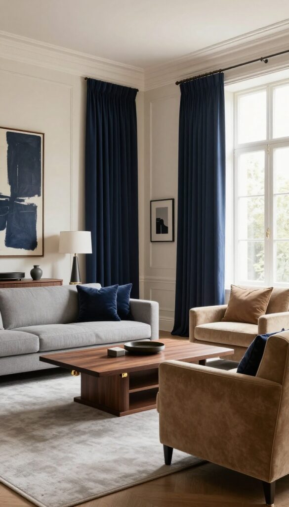 Elegant formal living room with layered cream, tan, and greige neutrals anchored by deep navy accent pillows, drapes, and framed art in bright natural light.
