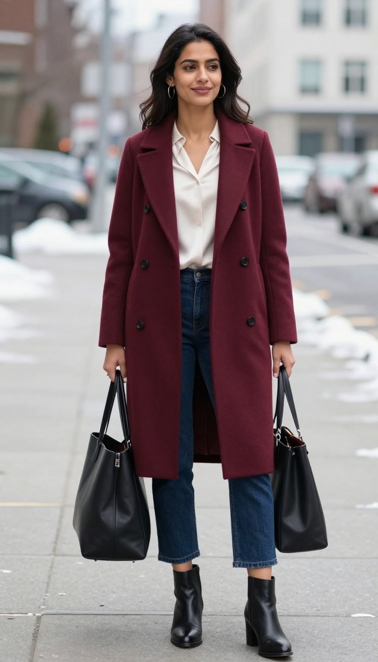 8. Cropped Flare Jeans + Silk Blouse + Tailored Coat