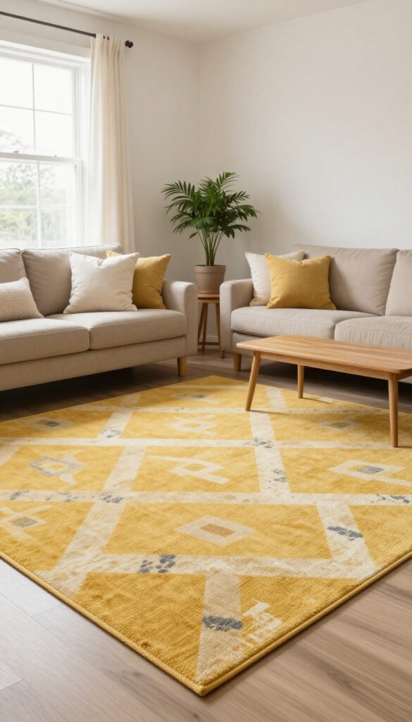 Bright living room with a warm yellow patterned area rug under a neutral sofa, styled with cream pillows and natural light.