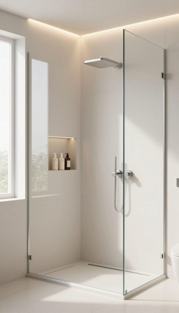 Modern master shower with a built-in tiled wall niche holding neatly arranged bottles, softly lit by a warm LED strip, surrounded by clean neutral tile and bright natural light.