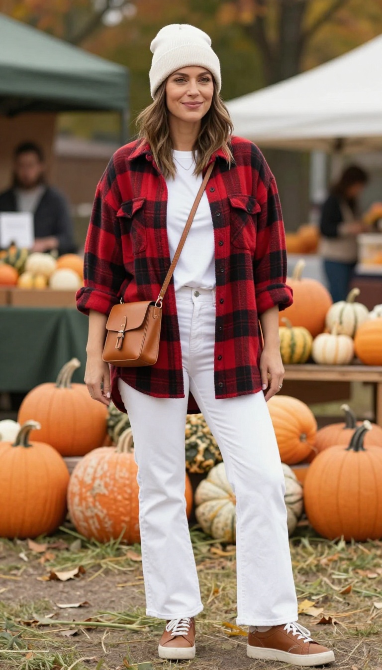5. Oversized Flannel and White Flares for Casual Days