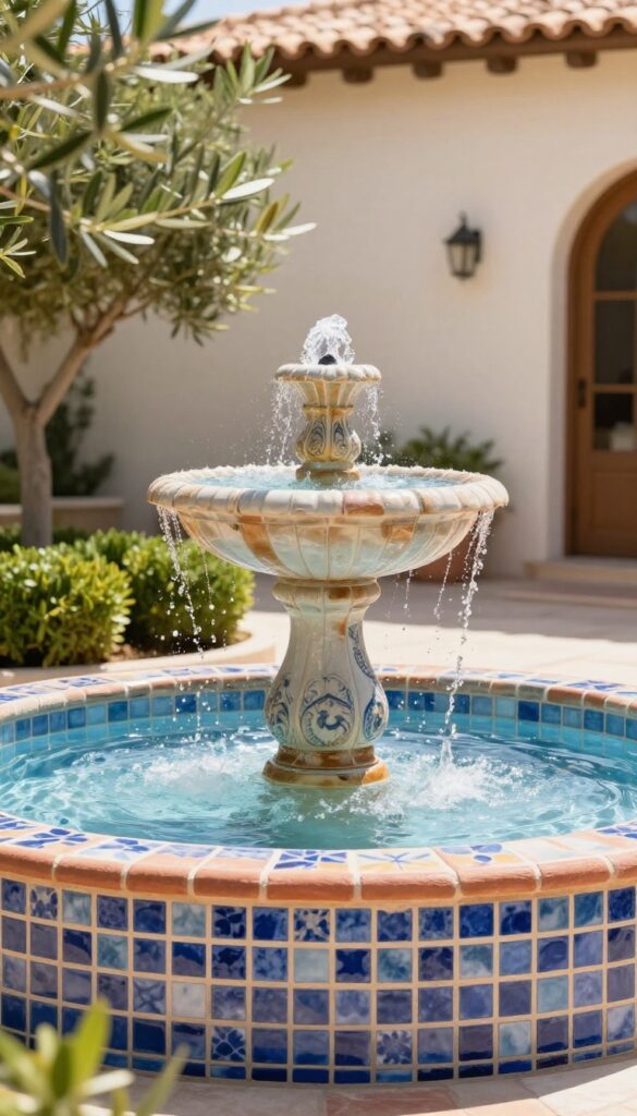 Mediterranean-inspired tiled water fountain with blue and white patterned ceramic tiles in a sunny front yard with simple greenery