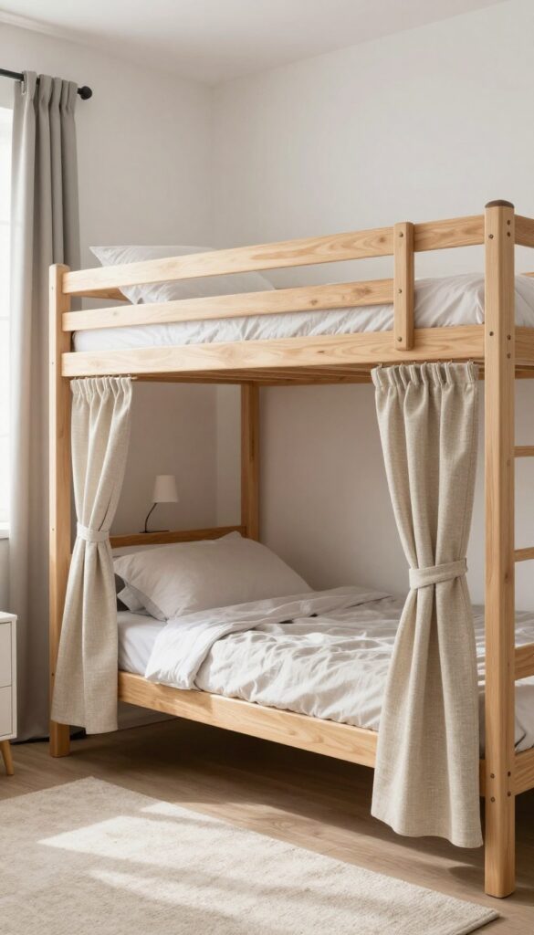 Bright boys' bedroom with wooden bunk beds featuring neutral linen privacy curtains hung from tension rods, creating cozy individual nooks under the top bunk in natural sunlight.