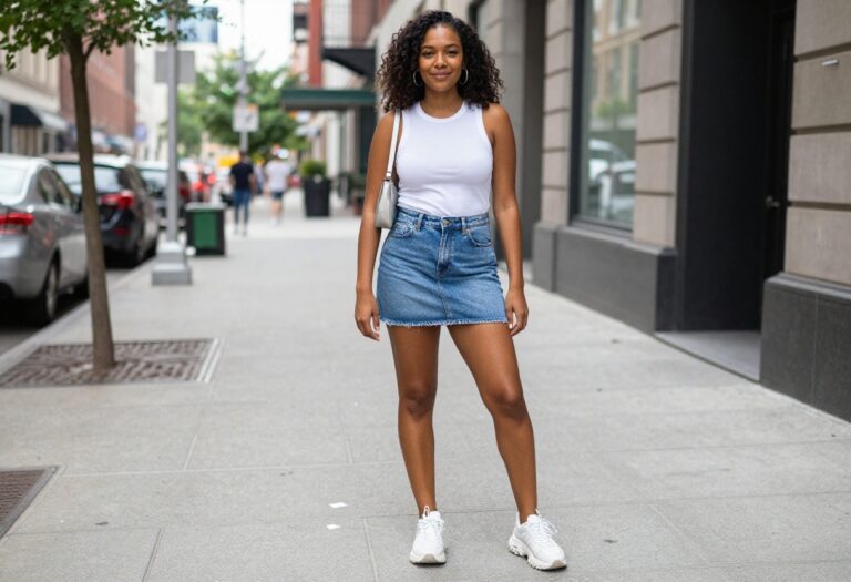 Woman wearing a vintage Y2K outfit with a low-rise denim skirt, white baby tee, and chunky sneakers.
